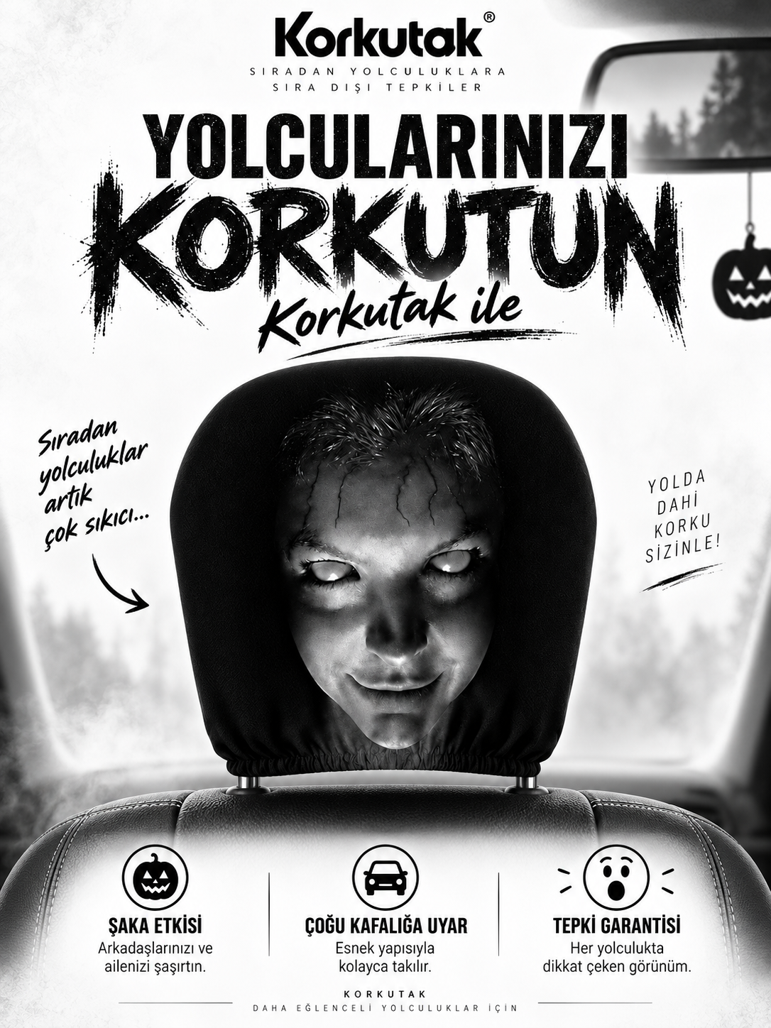 Korkutak™ Korku Yüzlü Araç Koltuk Başlığı Kılıfı