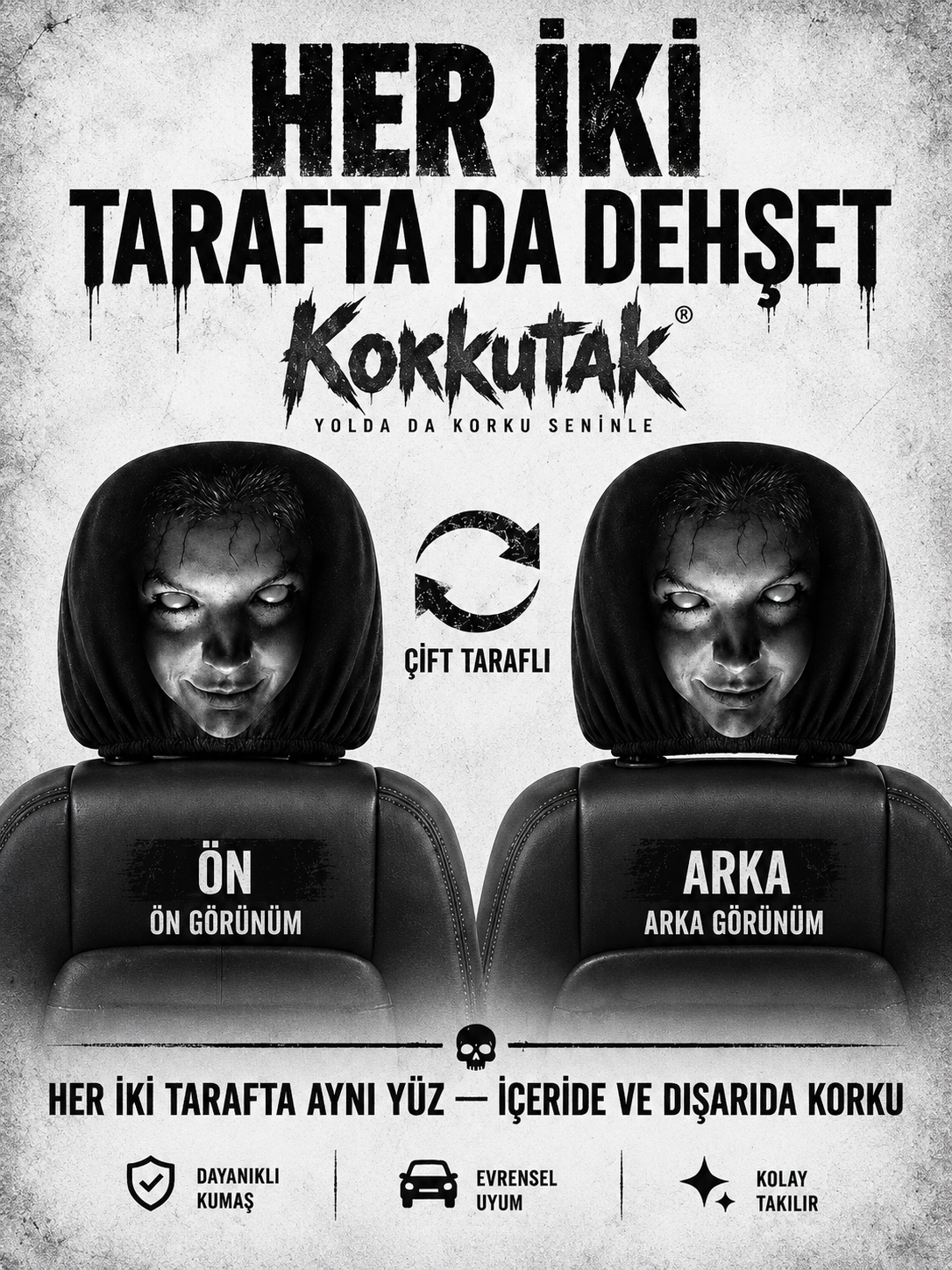 Korkutak™ Korku Yüzlü Araç Koltuk Başlığı Kılıfı